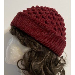 Vintage ENGLISH VILLAGE Popcorn Bubble Knit Beanie Foldover Hat Cap Maroon Small